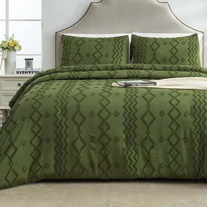 Andency Olive Green Tufted Comforter Set Twin(66x90Inch), 2 Pieces Boho Textured Farmhouse Bedding, Soft Microfiber Down Alternative Geometric Bed Set