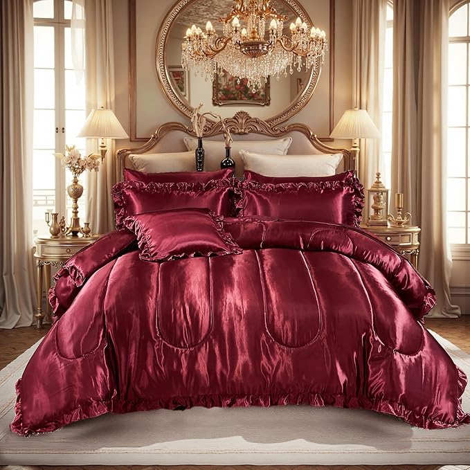 Silk Like Satin Comforter Set with Sheet Set Queen 8 Pcs Burgundy Satin Bedding Set Silky Ruffle Pattern Home Deocr Luxury Hotel Silky Bed in a Bag with 1 Cushion Cover
