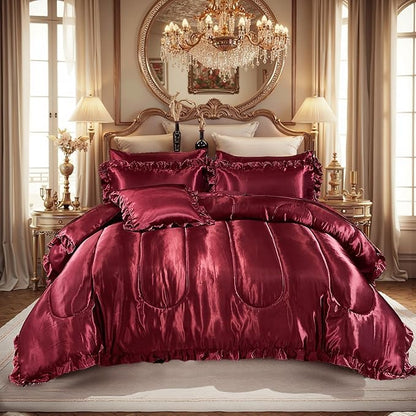 Silk Like Satin Comforter Set with Sheet Set King 8 Pcs Burgundy Satin Bedding Set Silky Ruffle Pattern Home Deocr Luxury Hotel Silky Bed in a Bag with 1 Cushion Cover