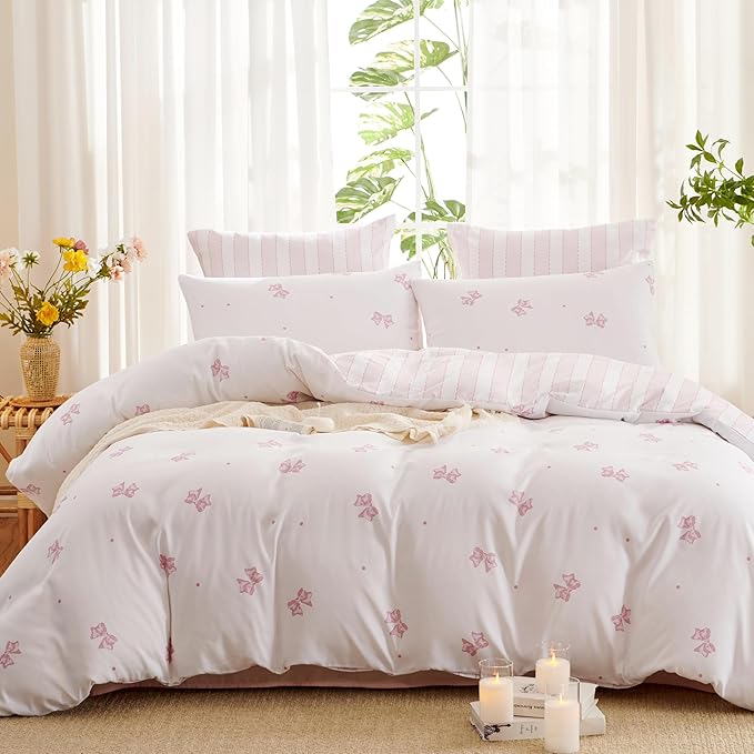 White Queen Comforter Set - Pink Bow Comforter Set Queen Size, Stripes Quilt Bedding Set 3 Pieces, Soft & Lightweight Comforter(90‘’ x 90‘’) for Girl All Season & 2 Pillowcases(30‘’x20‘’)