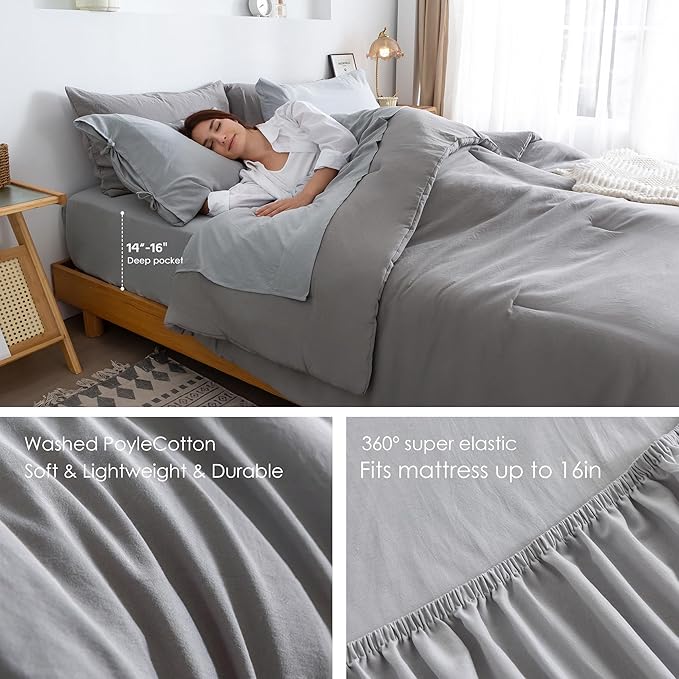 COTTEBED Ultra-Soft Bed Sets Queen with Comforter and Sheets - All Season Use 7 Pieces Bed in a Bag, Aesthetic Solid Polycotton Dark Grey Queen Comforter and Light Gray Bedding Sheet Sets Pillowcase