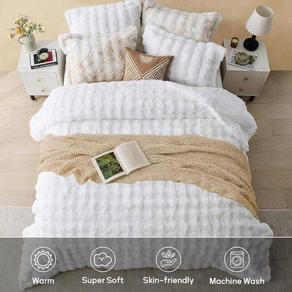 DAICO 3 Pieces Fluffy Faux Rabbit Fur Comforter Set King Size White Plush Fuzzy Bubble Comforter Bedding Set Warm Cozy Bedding Comforter Sets for Winter, 1 Comforter and 2 Pillowcases