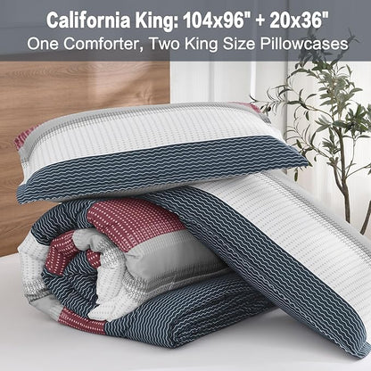 Litanika Comforter Set California King Size Red Blue - 3 Pieces Lightweight Colorblock Stripe Fluffy Bedding Comforter Sets, All Season Bed Set