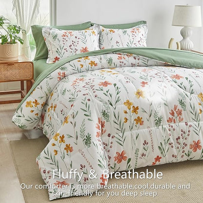 AIKASY Bed in a Bag 6 Pieces Twin Size - Floral Print - Soft Microfiber, Reversible Bed Comforter Set (1 Comforter, 2 Pillow Shams, 1 Flat Sheet, 1 Fitted Sheet, 1 Pillowcases)（White, Twin）