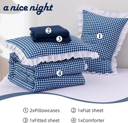 A Nice Night Comforter 5Pcs Queen Size,Navy Ruffle Comforter for Dorm Room Essentials for Twin Bed,Plaid Checkered Chic Bedding Bed in a Bag for Girls