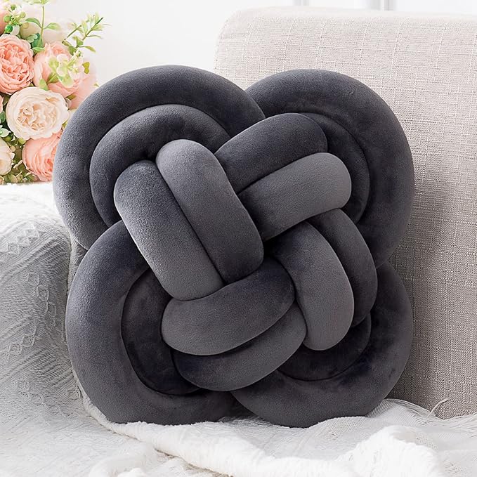 Xiashrk Knot Pillow, Decorative Throw Pillows with Soft Plush for Couch, 12" Knotted Pillows Dark Grey Dorm Room Decor Knot Pillow Ball Decorative Cushion for Bed Living Room