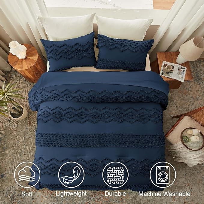 Luxudecor Navy Blue Boho Tufted Comforter Set Full Size 3 Pieces Boho Shabby Chic Comforter Farmhouse Embroidery Bedding Set Soft Comforter for All Seasons (Navy Blue, 80''x90'')