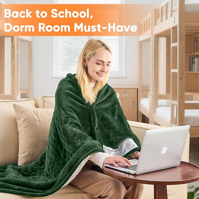 greenoak Heated Blanket Electric Throw 50"X60", Heating Blankets with 10 Heat Levels 8 Hours Auto-Off, Soft Flannel Sherpa Fluffy House Warming Gifts for Grandma Seniors Momt,Jade Green