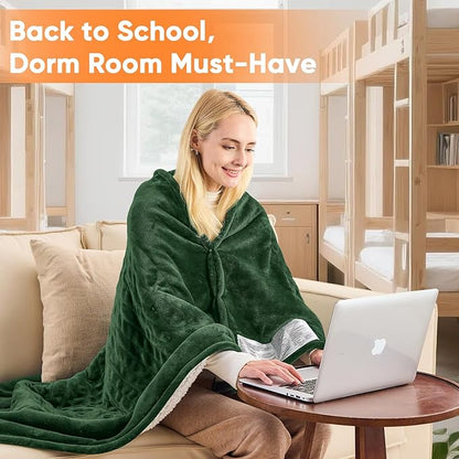 greenoak Heated Blanket Electric Throw 50"X60", Heating Blankets with 10 Heat Levels 8 Hours Auto-Off, Soft Flannel Sherpa Fluffy House Warming Gifts for Grandma Seniors Momt,Jade Green