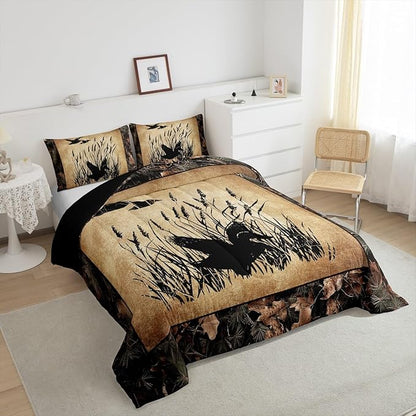 Erosebridal Camo Mallard Duck Bedding Set Rustic Cabin Comforter Set King for Boys Adults Men,Woodland Camouflage Hunting Duck Quilt Comforter Country Farmhouse Retro Bed Set Room Decor 3 Pcs