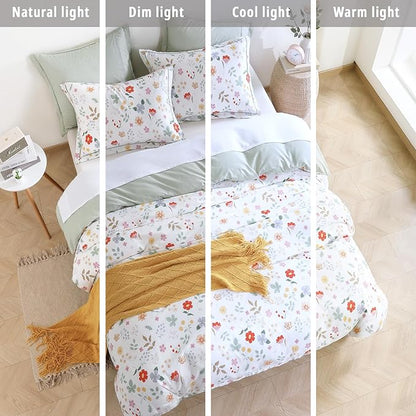 Botanical Cotton Comforter King Size 3Pcs - Colorful Flowers, Berries and Leaves on White, Chevron Sage Green Back, Reversible Lightweight Bedding Sets with Soft Fill(King, 104"×90")