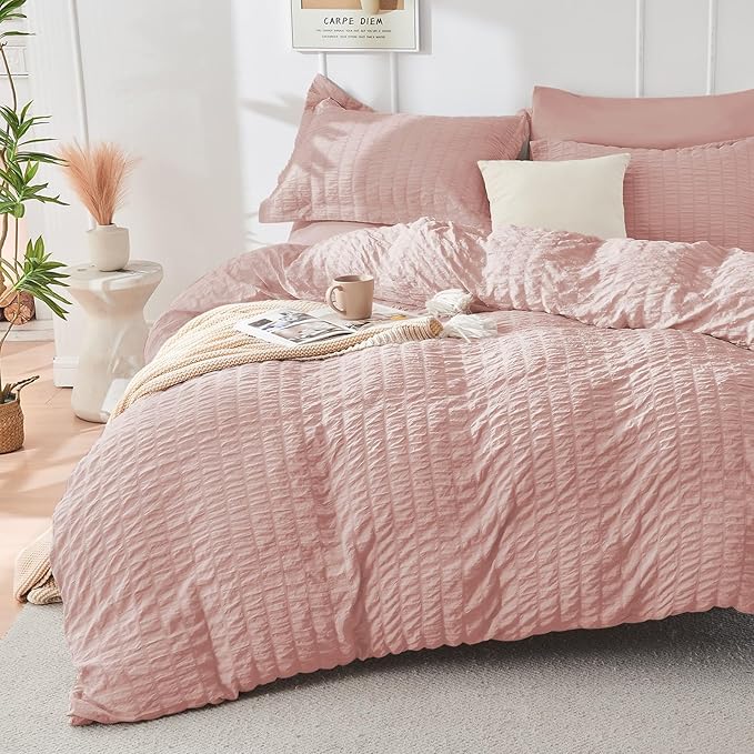 HYMOKEGE Rose Gold Twin Comforter Set Seersucker 5 Pieces, All Season Luxury Bed in a Bag Queen for Bedroom, Bedding Set with Comforter, Sheets, Pillowcase & Sham