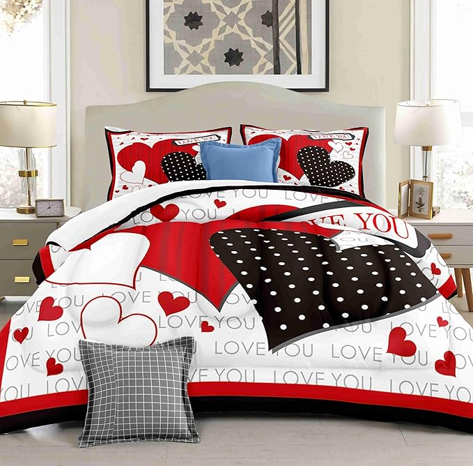 Black and Red Hearts King Size Comforter Set with 2 Pillowcases, Modern Valentine's Day Printed Pillow Shams Soft 3 Pcs Bedding for Kids Adults Bedroom Dormroom Bed Decor All Season