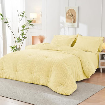 HYMOKEGE Yellow King Size Comforter Set Seersucker 7 Pieces, All Season Luxury Bed in a Bag for Bedroom, Bedding Set with Comforter, Sheets, Pillowcases & Shams
