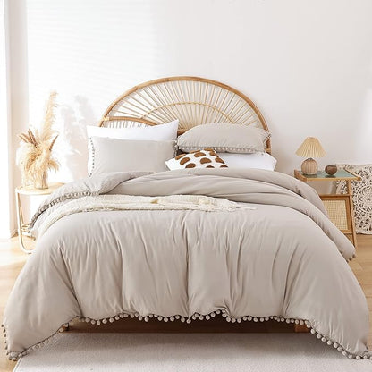 YIRDDEO Full Size Comforter Sets - Full Size Comforter with Ball Pom Fringe, Soft Bedding Set for All Seasons - 3 Pieces, 1 Comforter (79"x90") & 2 Pillow Shams(20"x26"), Oatmeal