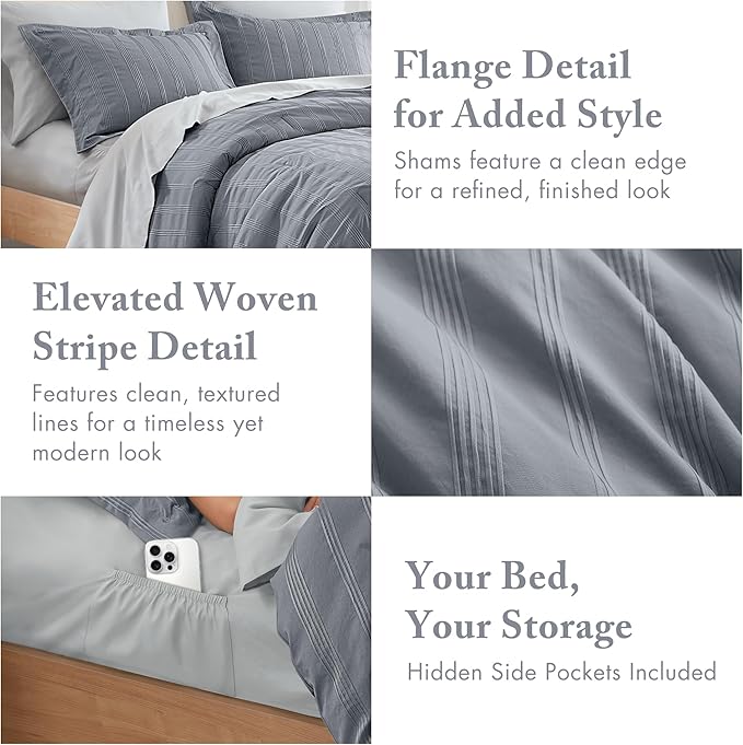 Madison Park Essentials Striped Comforter Set King, 7 Pieces Modern Minimalist Jacquard Bedding Set for All Season, Bed in A Bag with Sheet Set and Soft Brushed Reverse, Lightweight Blue/Grey