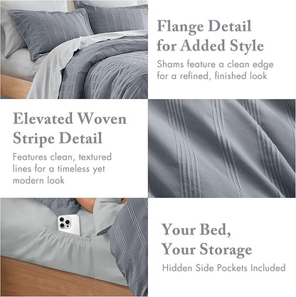 Madison Park Essentials Striped Comforter Set Queen, 7 Pieces Modern Minimalist Jacquard Bedding Set for All Season, Bed in A Bag with Sheet Set and Soft Brushed Reverse, Lightweight Blue/Grey