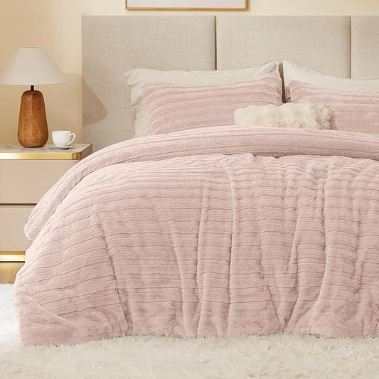 BEDELITE Fleece King Comforter Set -Super Soft & Warm Fluffy Pink Faux Fur Bedding, Luxury Fuzzy Heavy Bed Set for Winter with 2 Pillow Cases