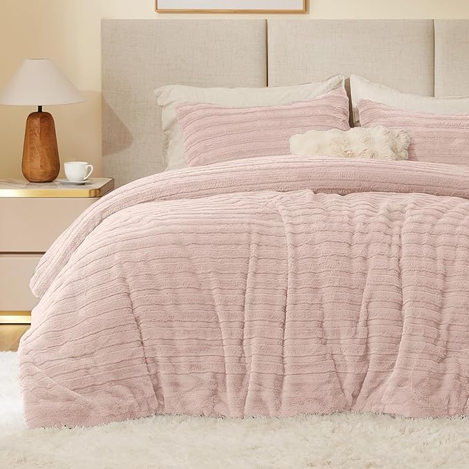 BEDELITE Fleece Twin Comforter Set -Super Soft & Warm Fluffy Pink Faux Fur Bedding, Luxury Fuzzy Heavy Bed Set for Winter with 1 Pillow case