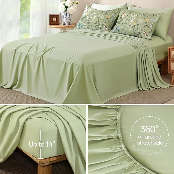 Yiran Sage Green Floral Comforter Set King Size, 7 Piece Botanical Comforter Bedding Set, Farmhouse Bed in a Bag, Soft Microfiber Complete Bedding Set with Sheets for All Season