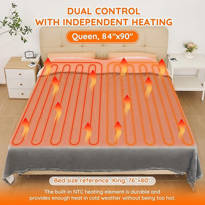 Mia&Coco Heated Blanket Queen Size （84"x90"） Dual Control Flannel Electric Blanket,10 Heat Levels,10-Hour Auto-Off, Fast Heating, Overheat Protection, Soft Heating Blanket for Home and Office- Gray