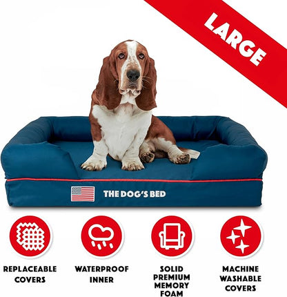 The Dog’s Bed Orthopedic Memory Foam Dog Bed with Bolsters, Oxford Fabric, Blue with Dark Red Trim, L
