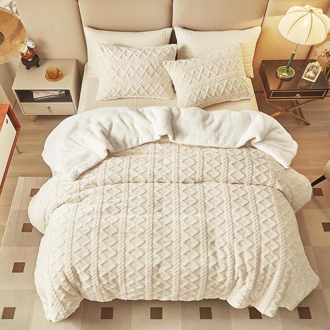 Joyreap 3-Piece Fluffy Faux Fur Sherpa Comforter Set Beige, King Size Luxury Tufted Bedding Comforter Set, All Season Soft n Cozy Plush Comforter Bed Set- 100x88 inches