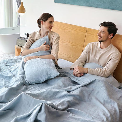 Simple&Opulence Belgian Linen Sheet Set Solid Color - 4 Pieces (1 Flat Sheet, 1 Fitted Sheet & 2 Pillowcases) Natural Flax Cotton Blend Soft Breathable Farmhouse Bedding - King Size, Dusty Blue
