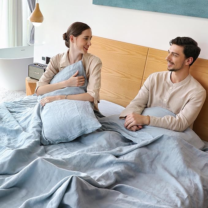 Simple&Opulence Belgian Linen Sheet Set Solid Color - 4 Pieces (1 Flat Sheet, 1 Fitted Sheet & 2 Pillowcases) Natural Flax Cotton Blend Soft Breathable Farmhouse Bedding - Queen Size, Dusty Blue