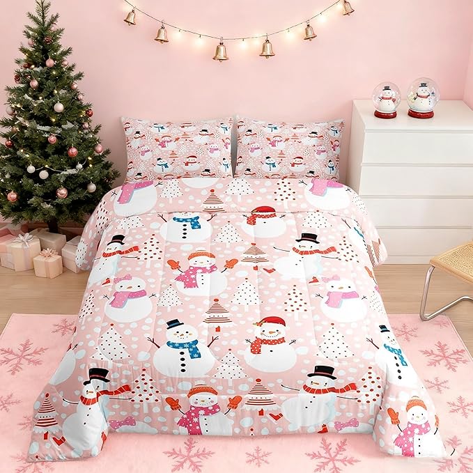Cute Snowman Bedding Set King Size Cartoon Christmas Tree Comforter Set 3Pcs Red White Dots Print Theme Quilt Set for Kids Girls Boys Room Decor Watercolor Pink Duvet Insert,2 Pillowcases