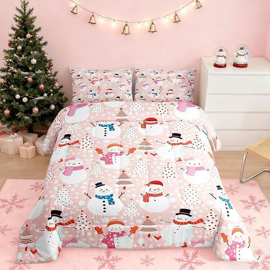 Cute Snowman Bedding Set King Size Cartoon Christmas Tree Comforter Set 3Pcs Red White Dots Print Theme Quilt Set for Kids Girls Boys Room Decor Watercolor Pink Duvet Insert,2 Pillowcases