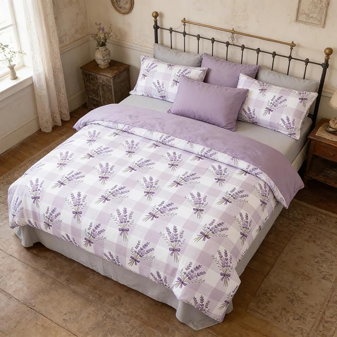 Gingham Twin Size Comforter Set for Girls 5Pcs Purple Lavender Bedding Boho Plaid Checkered Pattern Quilted Comforter with 2 Pillowcases + 1 Flat Sheet + 1 Fitted Sheet, 68"x86"