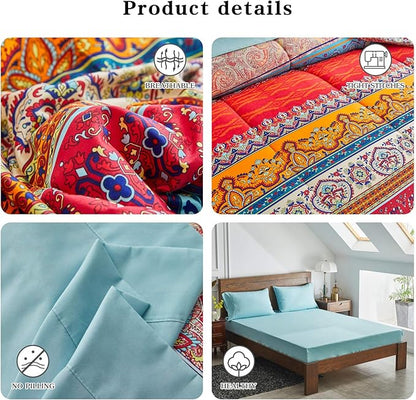 Flysheep Boho Striped Bed in a Bag 7 Pieces King Size, Colorful Bohemian Tribal Teal Blue Red Reversible Bed Comforter Set(1 Comforter, 1 Flat Sheet, 1 Fitted Sheet, 2 Pillow Shams, 2 Pillowcases)