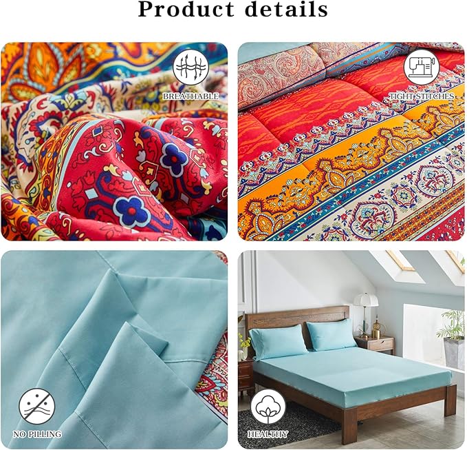 Flysheep Boho Striped Bed in a Bag 7 Pieces Queen Size, Colorful Bohemian Tribal Teal Blue Red Reversible Comforter Bed Set (1 Comforter, 1 Flat Sheet, 1 Fitted Sheet, 2 Pillow Shams, 2 Pillowcases)