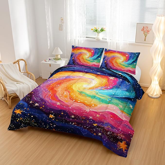 Rainbow Starry Sky Pattern Comforter Modern Abstract Comforter Set,Rainbow Starry Sky Bedding Set Queen Size,Mordern Art Decor All Season Lightweight Soft Microfiber with 2 PillowShams