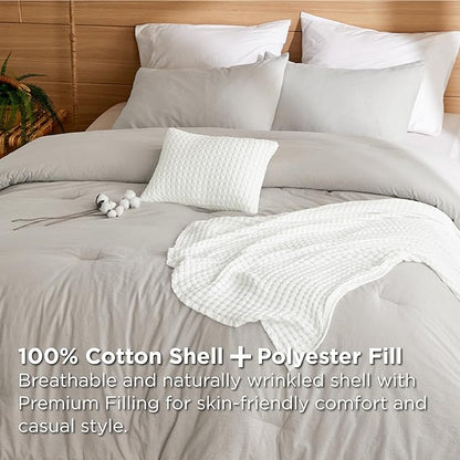 Bedsure 5 Pieces Cotton Comforter Set with Cotton Waffle Throw Blanket - Beige Comforter Full Size, Pillow Shams, White Cooling Blanket of Rayon Derived from Bamboo for Hot Sleepers, Throw Pillow