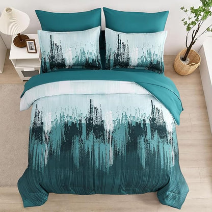 WONGS BEDDING Comforter Set Queen,Teal Green 7 Pieces Bed in a Bag Colorful Abstract Art Gradient Comforter Soft Microfiber Bedding Set with Comforter,Flat Sheet,Fitted Sheet,Pillow Shams,Pillowcases
