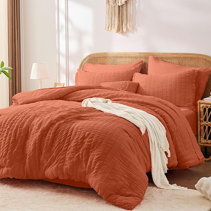 FUANNA Queen Comforter Set 7 Pieces, Luxury Seersucker Bed in a Bag Queen Size for All Seasons, Soft Bedding Set with Comforter, Flat Sheet, Fitted Sheet, Pillowcases & Shams for Bedroom, Burnt Orange