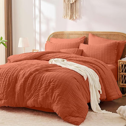 FUANNA Queen Comforter Set 7 Pieces, Luxury Seersucker Bed in a Bag Queen Size for All Seasons, Soft Bedding Set with Comforter, Flat Sheet, Fitted Sheet, Pillowcases & Shams for Bedroom, Burnt Orange