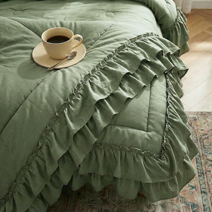 Bedding_Dreamer Sage Green Queen Size Comforter Set, 3-Piece Shabby Chic Ruffle Bedding, Soft Microfiber Boho Farmhouse Comforter for All Seasons