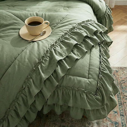Bedding_Dreamer Sage Green Queen Size Comforter Set, 3-Piece Shabby Chic Ruffle Bedding, Soft Microfiber Boho Farmhouse Comforter for All Seasons