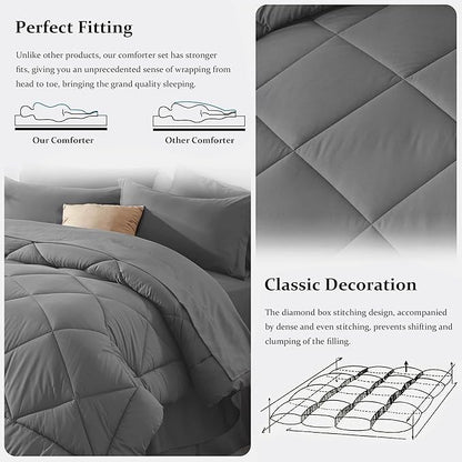 Newspin King Comforter Set Grey - Bed in a Bag King Size 8 Pieces, All Season Bed Set, Fluffy Comforter Set with Sheets, Sheet Set Quilt Blanket, Pillowcases & Shams & Bed Skirt