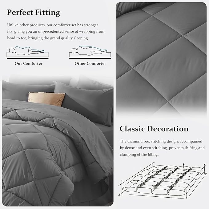 Newspin Twin Comforter Set Grey - Bed in a Bag Twin Size 6 Pieces, All Season Bed Set, Fluffy Comforter Set with Sheets, Sheet Set Quilt Blanket, Pillowcases & Shams & Bed Skirt