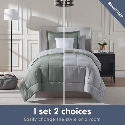 Nestl 5 Piece Twin Comforter Set – Sage Green Reversible Bed in a Bag – Complete Twin Size Bedding Set with Sheets, Pillowcase and Sham