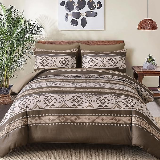 Anibedding Brown King Size Comforter Set 7 Pieces Boho Western Bedding Set for All Season, Aztec Bed in a Bag King Soft Microfiber Comforter Set with Sheets, Pillowcases & Shams