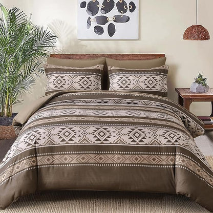 Anibedding Brown King Size Comforter Set 7 Pieces Boho Western Bedding Set for All Season, Aztec Bed in a Bag King Soft Microfiber Comforter Set with Sheets, Pillowcases & Shams