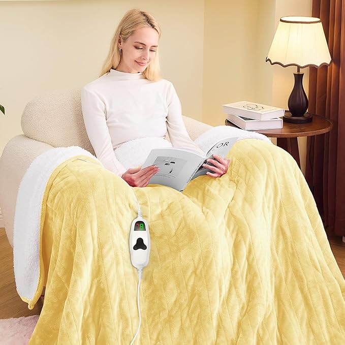 greenoak Heated Blanket Electric Full 72"X84", Heating Blankets with 10 Heat Levels /8 Hours Auto-Off, Soft Flannel Sherpa Fluffy House Warming Gifts for Grandma Seniors Mom,Cream Yellow