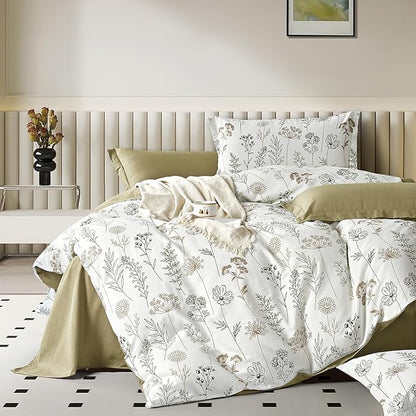 White Botanical Cotton Comforter King Size - 3PC Lightweight Bedding Sets with Ultra-Soft Alternative Fill, Luxurious Pale Mustard Reversible Design (1 Comforter, 2 Pillowshams)