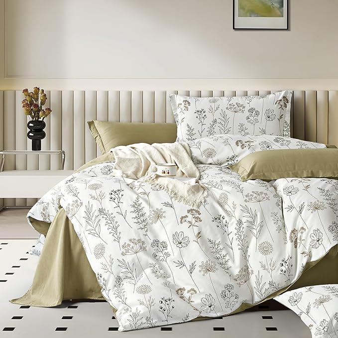White Botanical Cotton Comforter Twin Size - 2PC Lightweight Bedding Sets with Down Alternative Fill, Luxurious Pale Mustard Reversible Design (1 Comforter, 1 Pillowsham)