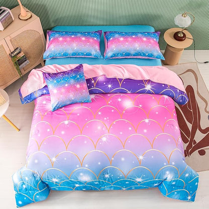 PERFEMET Pink Mermaid Girls Comforter Set Twin Size 6 Pieces Teen Girl Bed in A Bag with Sheets 3D Glitter Rainbow Kids Bedding Sets for Kids Teens (Mermaid Scale, Twin)